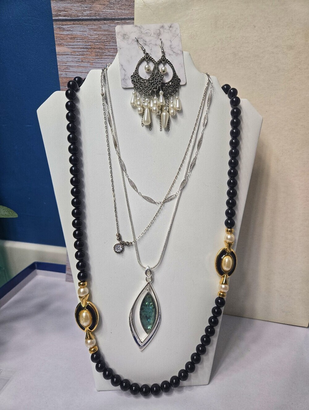 Sterling 925/ Napier / Crow Trifari Necklace - Pearl Drop Earrings Lot